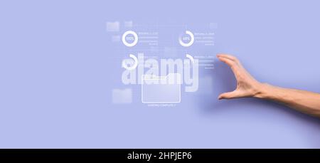 Business developer hand using board framework on virtual modern computer showing innovation Agile software development lean project management tool fa Stock Photo