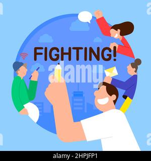 encouraging, motivating, cheering concept illustration vector of people with fighting text Stock Photo
