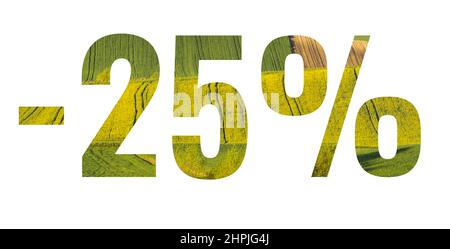 25 %-image composed of numbers on a white background cut from green spring fields Stock Photo
