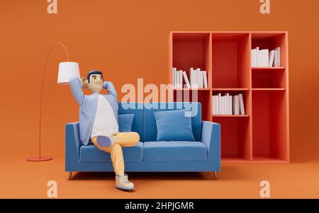 A cartoon man relax in the sofa, 3d rendering. Computer digital drawing. Stock Photo