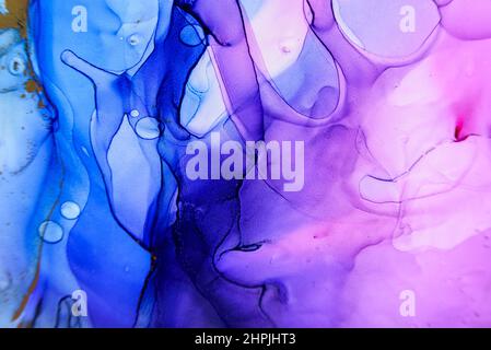 Abstract alcohol ink fluid art background in blue, purple, pink and gold Stock Photo