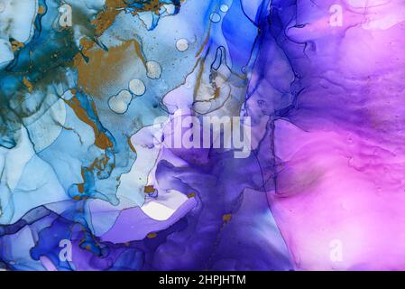 Abstract alcohol ink fluid art background in blue, purple, pink and gold Stock Photo