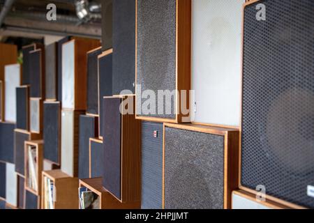 Close up of audio speakers arranged in a pattern Stock Photo