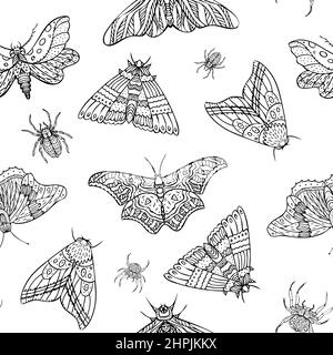 Seamless pattern of vector night butterflies and spiders. Vector illustration Stock Vector