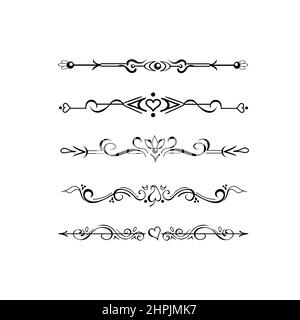 Set of ornate text delimiters, paragraph dividers, page bottom decoration lines, borders, or vignettes. Hand-drawn romantic elements in oriental style Stock Vector