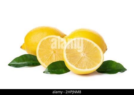 Lemons with leaves isolated on white background Stock Photo