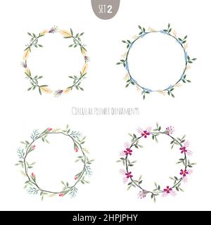 Tulip, eucalyptus, fern, lavender, larkspur, pampas grass and snowberry. Flower wreaths set. Green decorative ivy. Spring floral vintage round frames. Stock Vector
