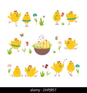 Cute Easter chickens set, Yellow chickens in different poses, a couple in love, doing yoga. Vector illustration Stock Vector
