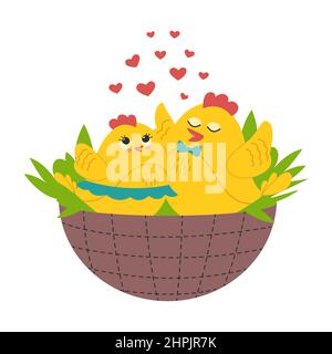 Two cute yellow chicks romantic couple in a basket. Vector illustration Stock Vector