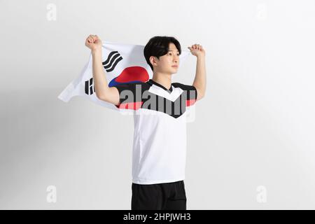 volleyball sports player, asian korean man with spike, spiking attack motion Stock Photo