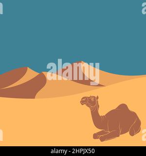 Landscape with desert, dunes and camel. Vector colored background. Stock Vector