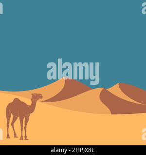 Landscape with desert, dunes and camel. Vector colored background. Stock Vector