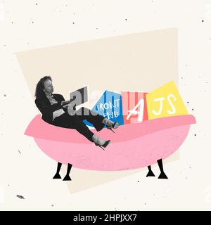 Creative design. Young woman, programmer working on frontend development lying on bath Stock Photo