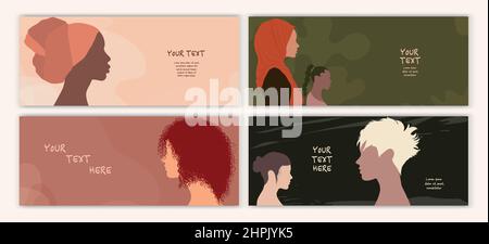 Silhouette profile multicultural women. Group of diversity women and girls. Female social network community. Racial equality. Allyship. Empowerment. Stock Vector