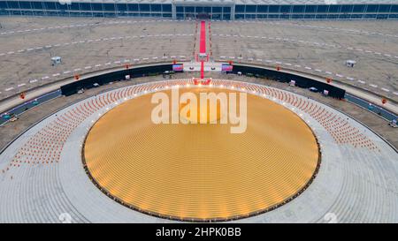 Monks participate in the Makha Bucha Ceremony at Wat Phra Dhammakaya during their 52nd Anniversary. The virtual ceremony was organized by lighting 1 million lanterns to pay homage to Buddha. Stock Photo