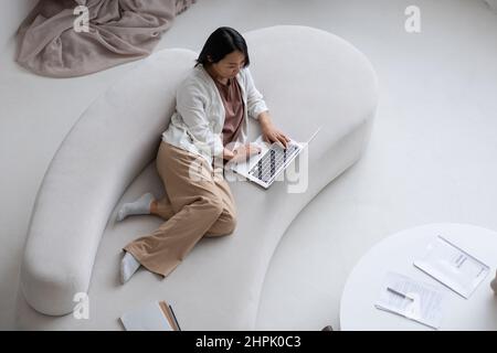 Young serious female employee with laptop lying on sofa while networking, shopping online or working with financial data at home Stock Photo