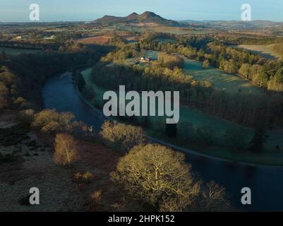 Aerial shot from drone of Scott's View and the Eildon Hills in the Scottish Borders on a bright February day.