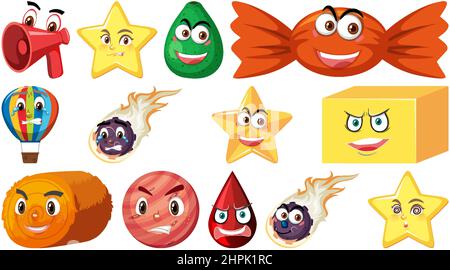Set of different toy objects with smiley faces illustration Stock Vector