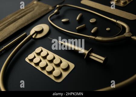 premium luxury healthcare and expensive medicine concept. golden medical items Stock Photo