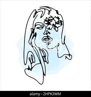 Line art woman face in boho style with a blue watercolor stain. Vector illustration Stock Vector