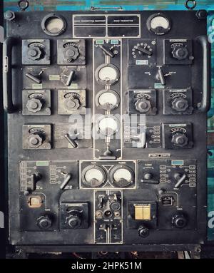 Vintage switch control panel with many buttons in factory manufacturing. Stock Photo