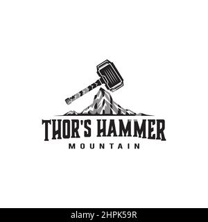 Thor's hammer illustration design logo on top of the mountain, thunder god template, symbol Stock Vector