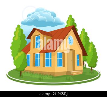 Summer landscape. 3D house icon surrounded by trees. Stock Vector