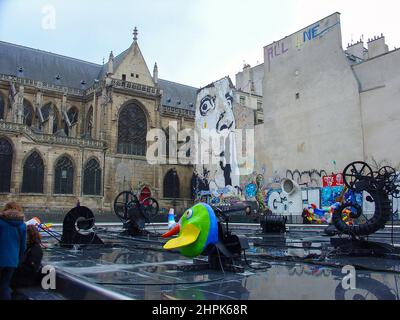 Stravinsky Fountain, La Fontaine Stravinsky a public fountain with sixteen  sculptures, moving and spraying water, representing the works of Igor Stravinsky. Stock Photo