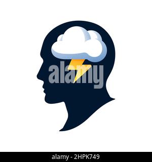 Brainstorm concept. Silhouette of a head with a cloud and lightning. Abstract Brainstorming icon. Vector illustration Stock Vector