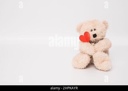 Teddy bear is holding a red heart isolated over white background. Love concept. Stock Photo