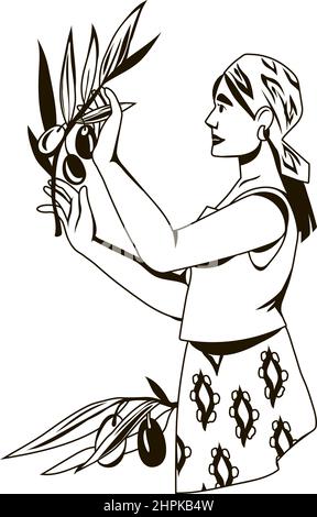 Woman farmer with of olive branches in black line style, monochrome vector illustration isolated on white background. Emblem or label for olive oil an Stock Vector