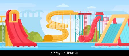 Amusement outdoor aquapark with water slides summer landscape. Cartoon family resort swimming pool with pipes and spiral tubes vector scene Stock Vector