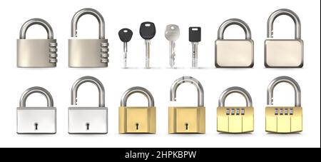 Open and closed metallic, gold and chrome code padlocks. Realistic locks with secret number combination and keyholes, modern keys vector set Stock Vector