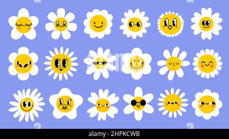 Daisy flowers with cartoon funny smiling faces, chamomile characters. Cute camomile happy emotion. Kids logo design with daisies vector set Stock Vector