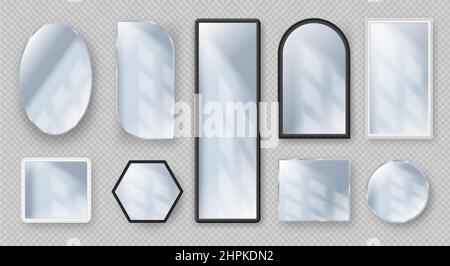 Realistic round and square mirrors in frames with light reflection. Modern mirror shapes designs. Glass with reflective surface vector set Stock Vector