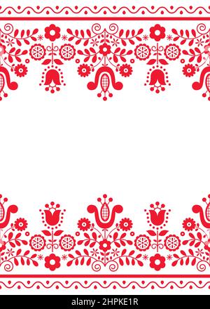 Polish folk art vector greeting card design or wedding invitation with flowers and geometric shapes, cute red pattern decoration in 5x7 format Stock Vector