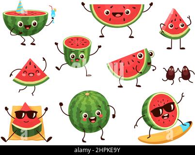 Funny watermelon slices characters with cartoon smile faces. Cute fruit in sunglasses surf. Summer time party. Comic watermelons vector set Stock Vector