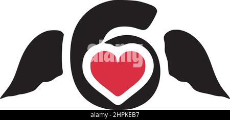 Number 6 with wings and heart symbol doodle icon Stock Vector