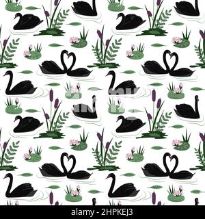 Colorful seamless pattern with gorgeous wild black swans floating in marsh or swamp among water plants. Vector illustration Stock Vector