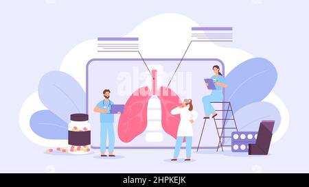 Lungs disease treatment concept with doctors check diagnosis. Asthma, tuberculosis, respiratory pneumonia or coronavirus medic vector poster Stock Vector