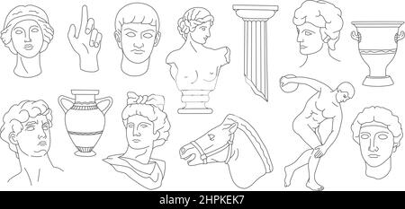 Antique greek sculptures heads, columns, amphoras and gypsum hand. Ancient horse sculpture. Line classic greece statue silhouette vector set Stock Vector