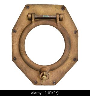 Ancient rusted ship porthole with frame isolated on a white background Stock Photo