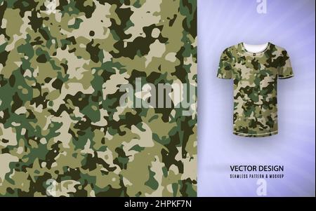 Tshirt camouflage background. Seamless pattern and shirt mockup. Vector Stock Vector