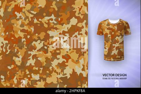 Tshirt camouflage background. Seamless pattern and shirt mockup. Vector, orange brown Stock Vector
