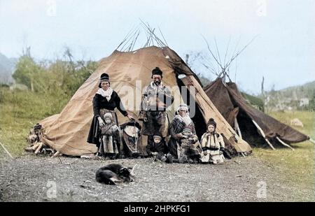 A Lapland Encampment from the book ' The living races of mankind ' a popular illustrated account of the customs, habits, pursuits, feasts & ceremonies of the races of mankind throughout the world by Sir Harry Hamilton Johnston, and Henry Neville Hutchinson Volume 2 Published in London by Hutchinson & Co. in 1902 Stock Photo