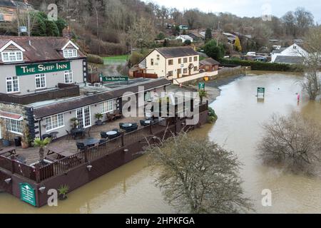 Highley, Shropshire February 22nd 2022. The River Severn laps at the shore of The Ship Inn in Highley, Shropshire after the river bursts its banks due to torrential rain from Storm Franklin. Pic by Credit: Stop Press Media/Alamy Live News Stock Photo