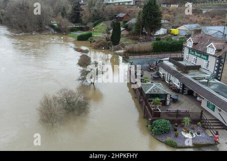 Highley, Shropshire February 22nd 2022. The River Severn laps at the shore of The Ship Inn in Highley, Shropshire after the river bursts its banks due to torrential rain from Storm Franklin. Pic by Credit: Stop Press Media/Alamy Live News Stock Photo