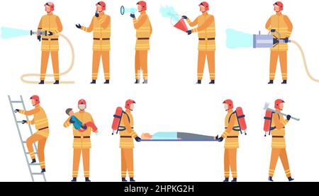 Flat fireman worker in uniform saving people and put out flame. Firefighter character, professional rescuer with hose and ladder vector set Stock Vector