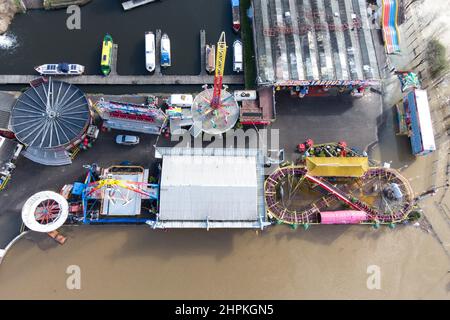 Stourport on Severn, Wyre Forest, February 22nd 2022. Treasure Island fairground in Stourport on Severn is now surrounded by flooding after the River Severn burst its banks due to torrential rain from Storm Franklin. Pic by Credit: Stop Press Media/Alamy Live News Stock Photo