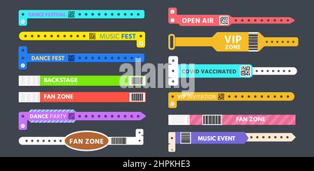Event entrance plastic bracelet, pass wristband for concert. Wrist band with qr code covid vaccinated. Vip party access control vector set Stock Vector